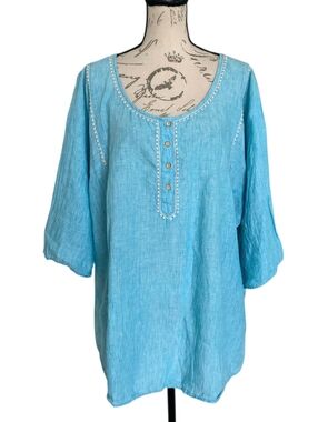 Eddie Bauer 100% Linen embroidered blue tunic Boho top Plus size 3X Lagenlook